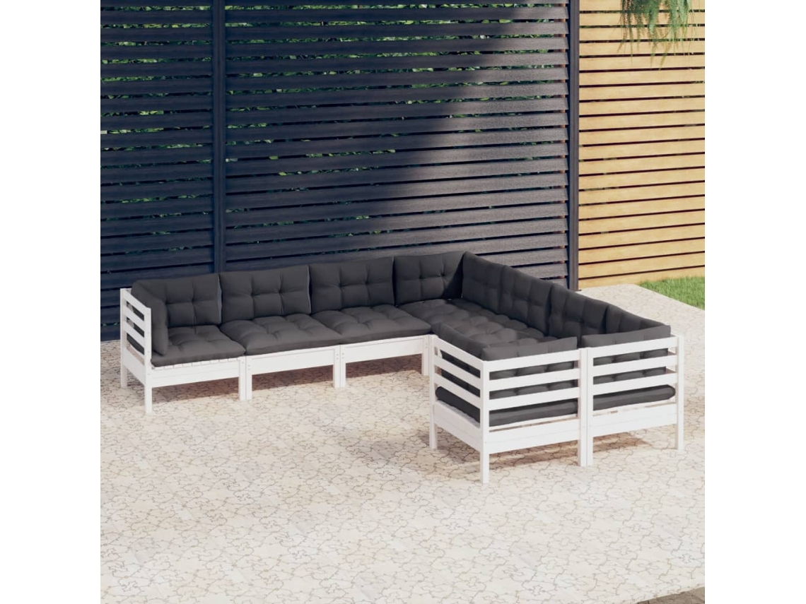 Conjunto de jardín de 8 piezas con cojines, pino macizo blanco, DKD Home Decor