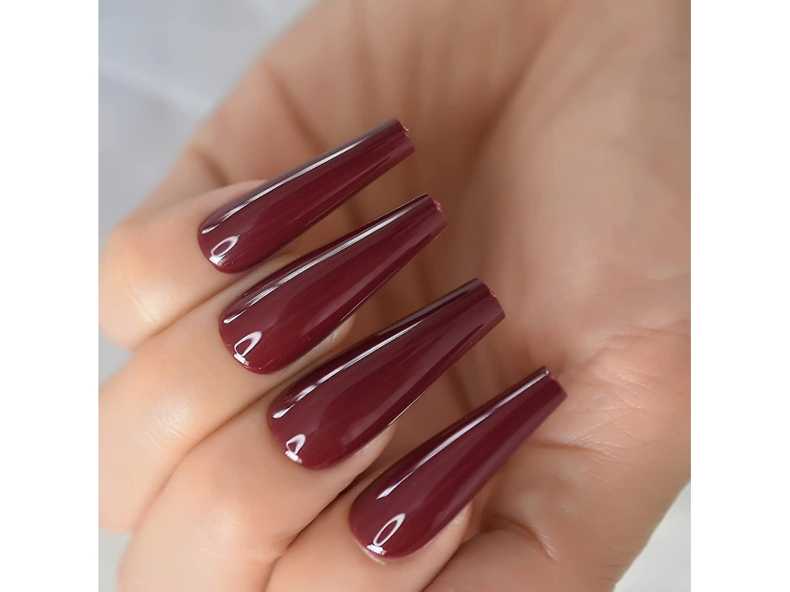 Uñas Falsas De Color Rojo Burdeos Largas De Diseño Cofin Con Forma Curva Hechas De Abs Ecológico Para Arte De Uñas