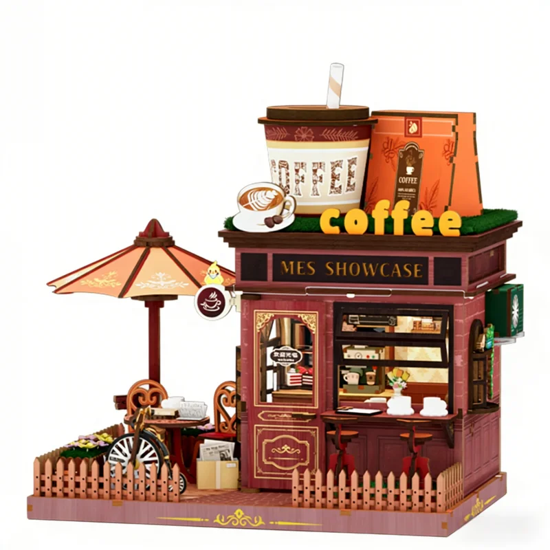 Caja De Música De Madera 3d: Una Acogedora Escena Callejera De Café.