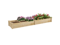 Huerto elevado para huertos y macizos de flores con separador interno y parte trasera abierta. 237 x 60 x 25 cm. Madera natural.