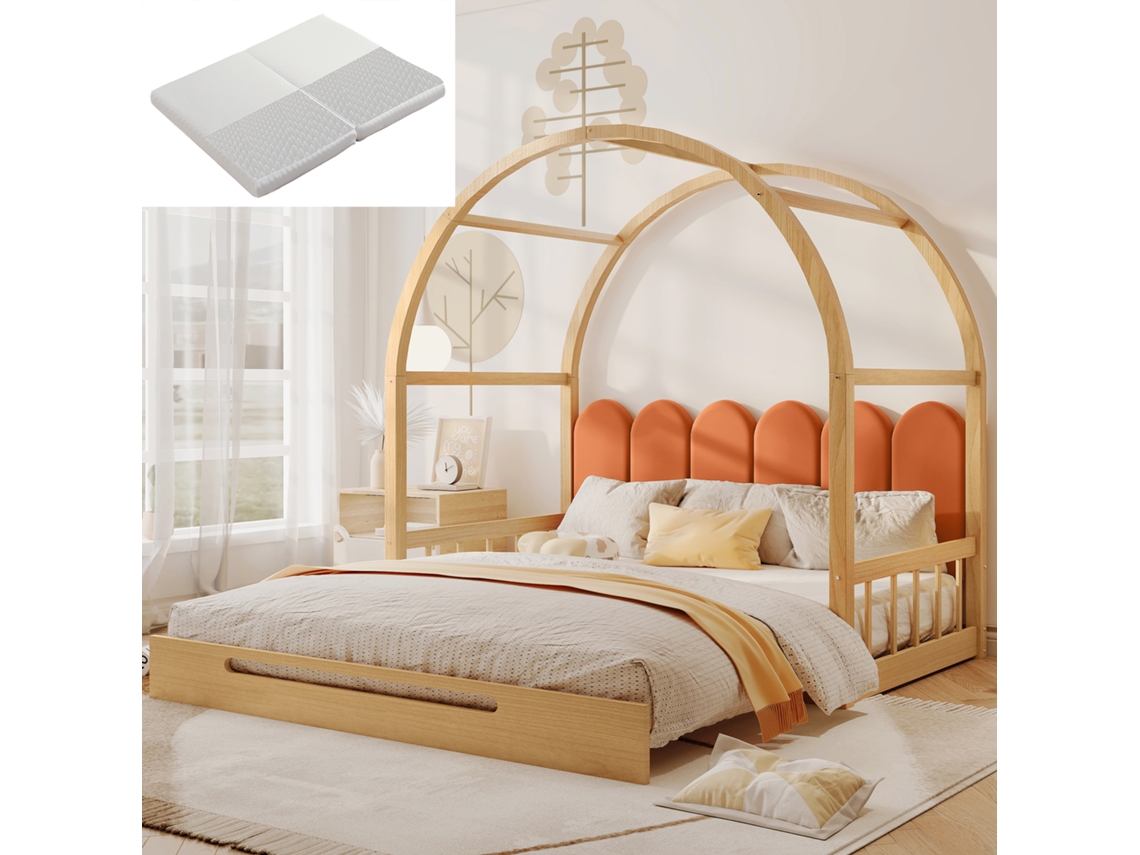 Cama Abatible Infantil 140x100/200cm, Techo Abovedado, Con Colchón, Madera De Pino, Seguridad 100kg, Naranja Natural