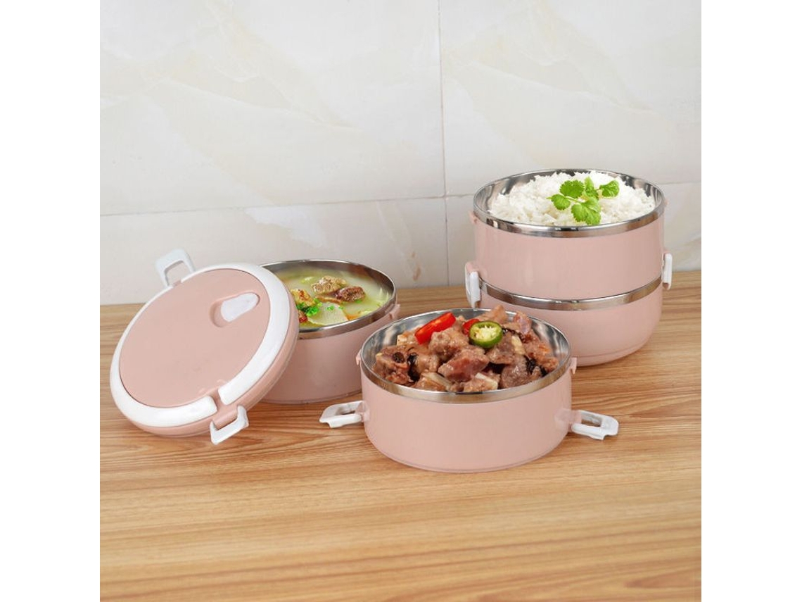 Fiambrera isotérmica de acero inoxidable de 1400 ml, portátil, desechable, hermética, para la escuela y el trabajo, 2 tapas rosas.