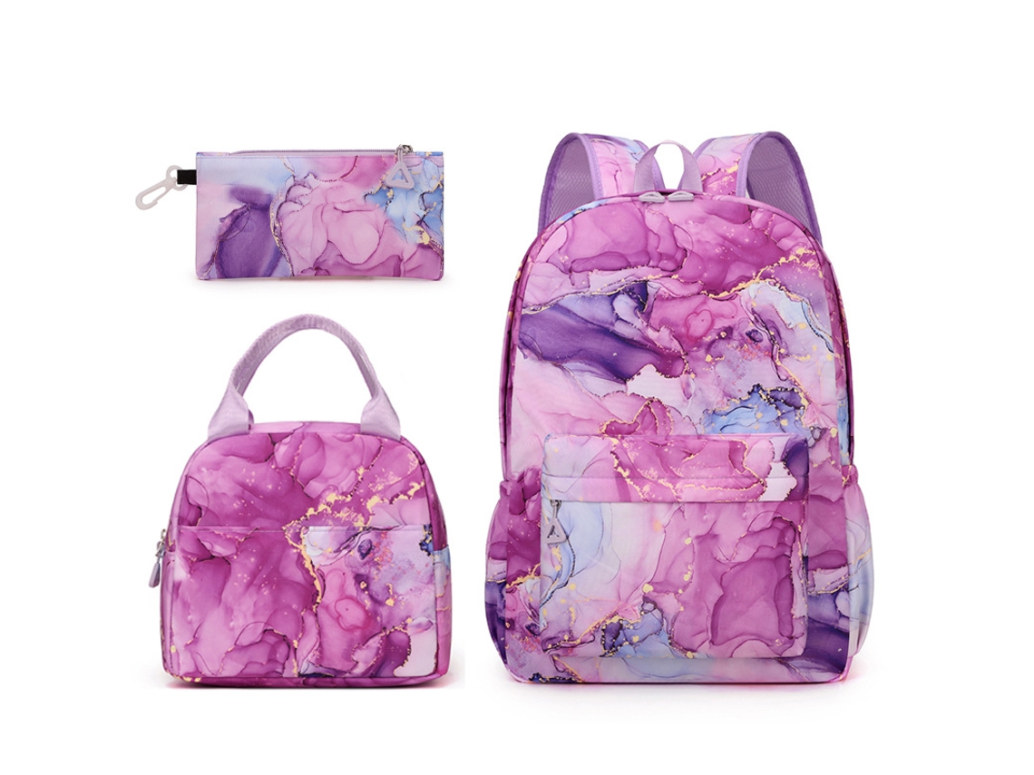 Conjunto de mochila de tres piezas para niñas en morado y dorado