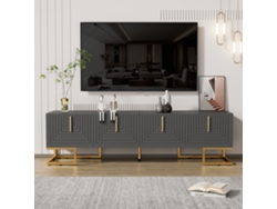 Mueble Tv Moderno, 170x40x45,5 Cm, 4 Puertas Texturizadas, Tiradores Y Patas Dorados, Almacenamiento, Para Pantalla Grande, Gris Negro