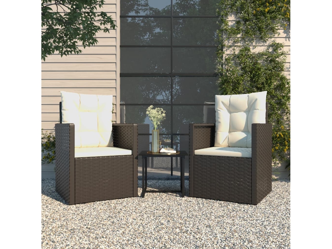 3 Pcs Conjunto Lounge Ao ar livre C/ Almofadões Vime Pe Preto Dkd Home Decor