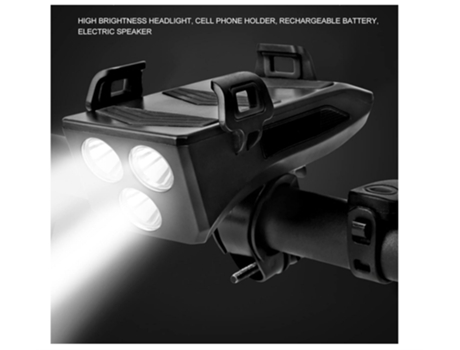 VEANXIN 4 en 1 USB recargable impermeable luz de bicicleta con altavoz para teléfono (negro)