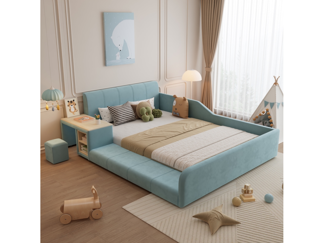 Cama Tapizada, Cama Individual Con Escritorio Y Taburete, Estantería, Cabecero Blando, Listones De Madera, Terciopelo, Azul, 140x200cm