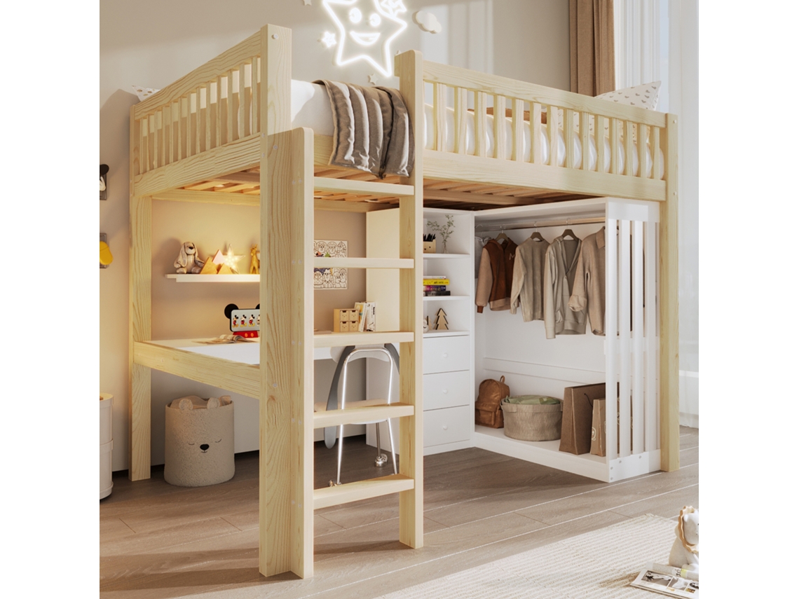 Cama Alta Infantil De 140x200 Cm Con Escritorio, Armario, Cajones Y Escalera De Almacenamiento.