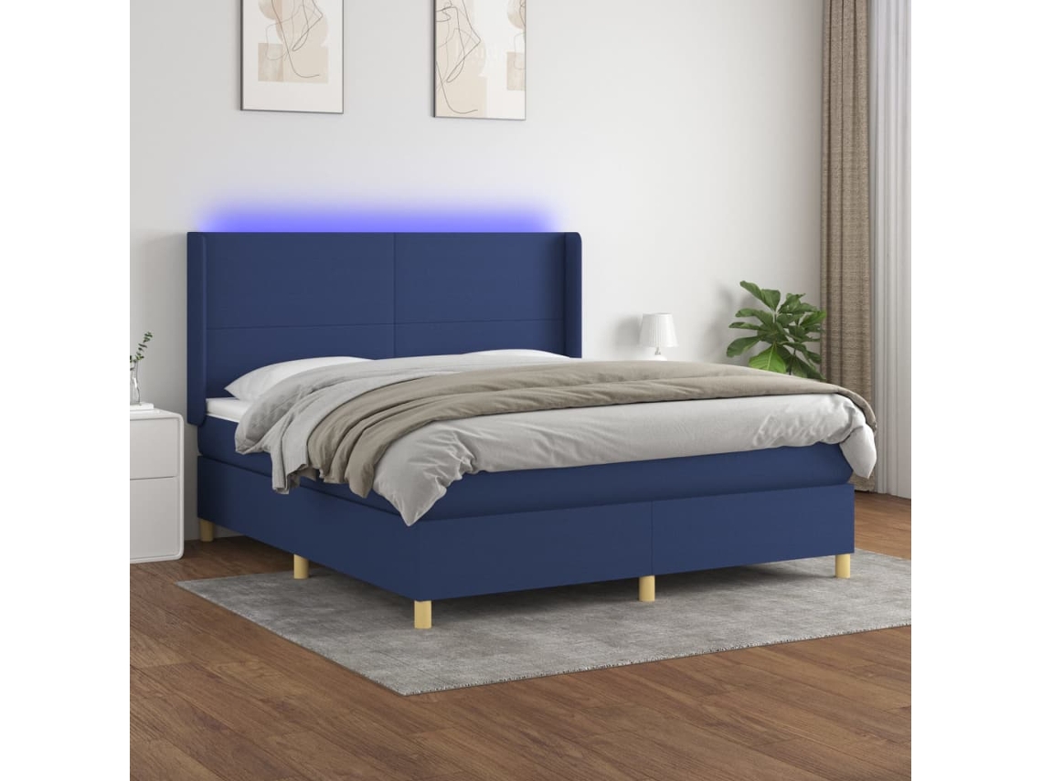 Cama Box Spring Colchón Y Luces Led Tela Azul 160x200 Cm