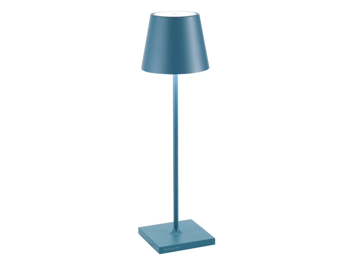 Lámpara de mesa LED azul Zafferano Poldina Pro, recargable, regulable, hasta 12 horas de duración de la batería, IP65 apta para uso en exteriores.