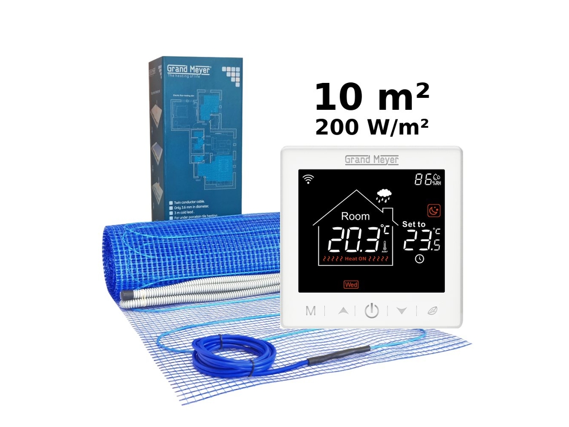 Kit de calefacción eléctrica por suelo radiante de 10 m², 200 W/m² SN 10 con termostato programable Wi-Fi Grand Meyer