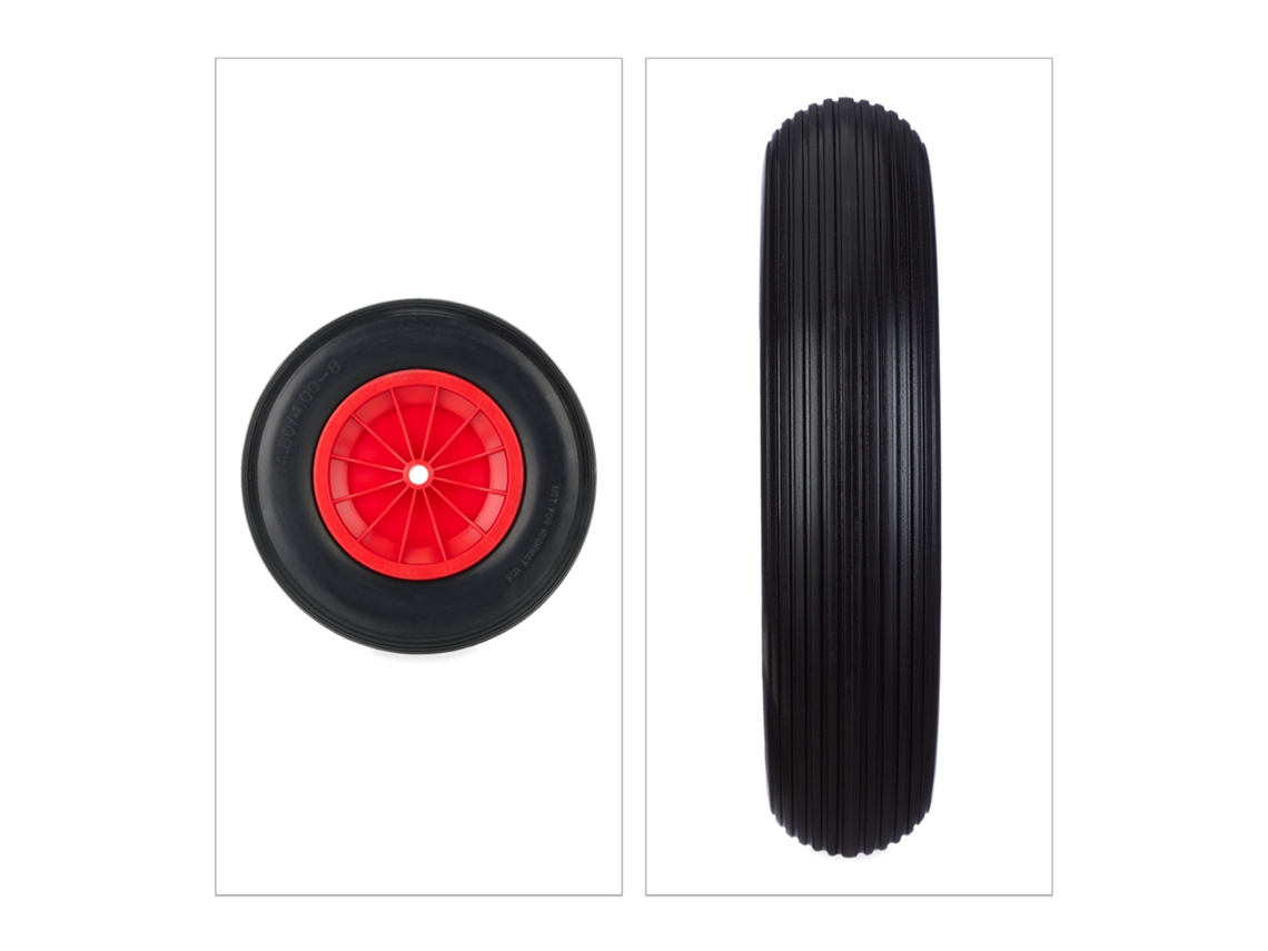 Relaxdays Rueda Carretilla 4.80/4.00-8, Goma Con Llanta Plástico, Neumático Repuesto Antipinchazos, 100 Kg, Negro/rojo