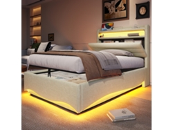 Cama Tapizada En Color Beige De 90x200 Cm Con Almacenamiento Led, Estantes Hidráulicos Y Conexión Usb-c.