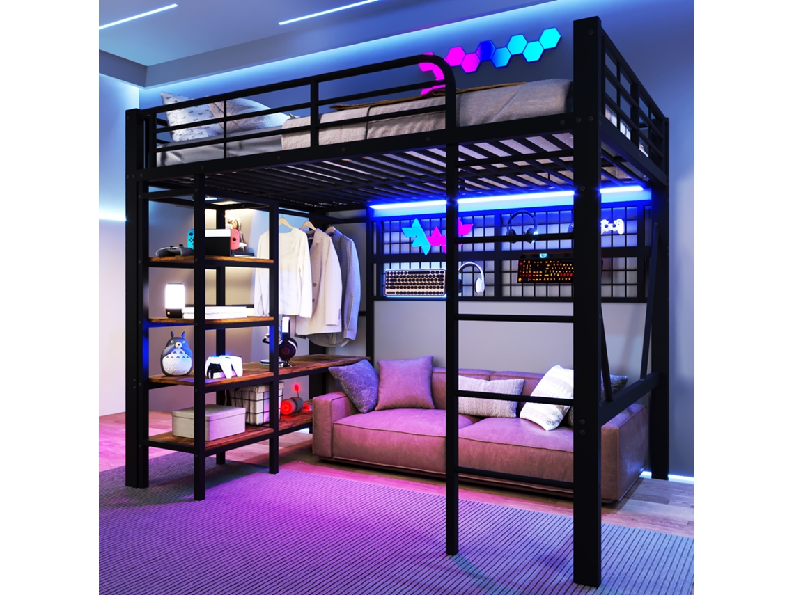 Cama Alta De 140x200 Cm Con Iluminación Led, Armario, Red De Almacenamiento, Estructura De Metal Negro, Colchón No Incluido.