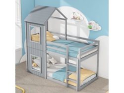Litera Infantil Tipo Cabaña, 90x200 Cm, Con Escalera Y Dosel, Madera Maciza, Gris.