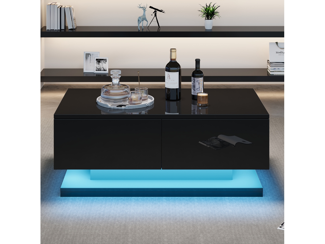 Mesa de centro negra brillante con dos cajones e iluminación LED (90 x 50 x 38 cm)
