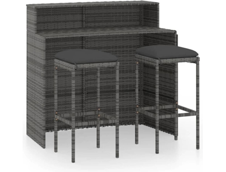 Conjunto 3 muebles de bar para jardín VIDAXL y cojines gris