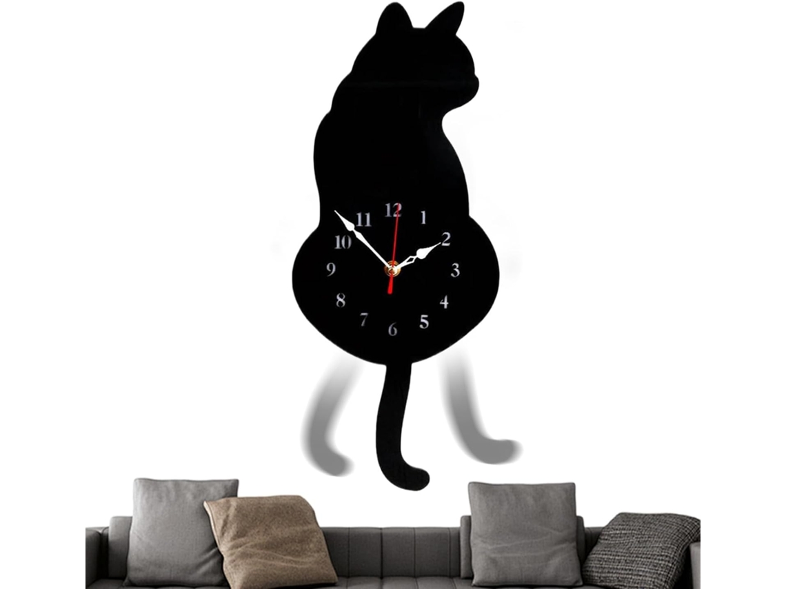 Reloj De Pared Estético | Reloj Decorativo Con Forma De Gato Y Cola Ondulante, Decoración Artística
