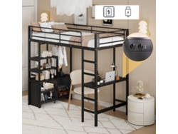 Cama Alta Metálica 90x200 Cm, Escritorio Integrado, Tomas Corriente Y Usb, Múltiples Estantes, Estructura Hierro Negro, Colchón No Incluido.