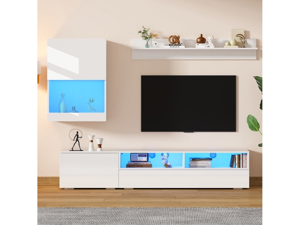 Conjunto Mueble Tv 175x39x34 Cm - Set Completo Con Led, Hochglanz, Para Tv Hasta 80", Blanco