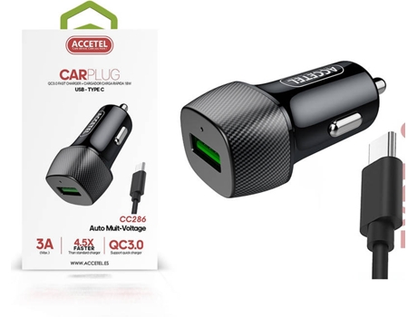 Pack Cargador Auto para TCL 305 3A ACCETEL CC286 (4.5A - Type-C - Negro)
