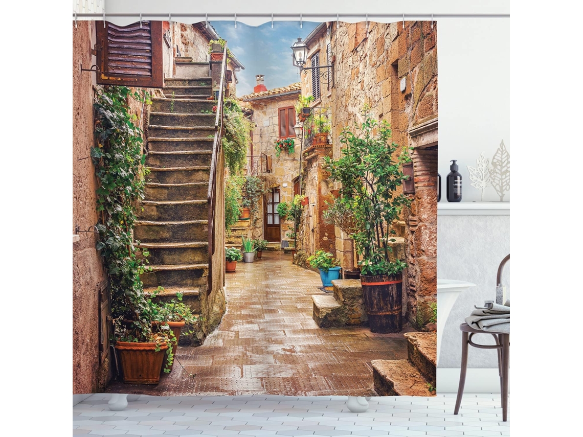 Cortina de ducha italiana mediterránea Stone House con gancho, tela estampada, decoración de baño, 182 cm de largo x 182 cm de ancho, turquesa Jortmrd