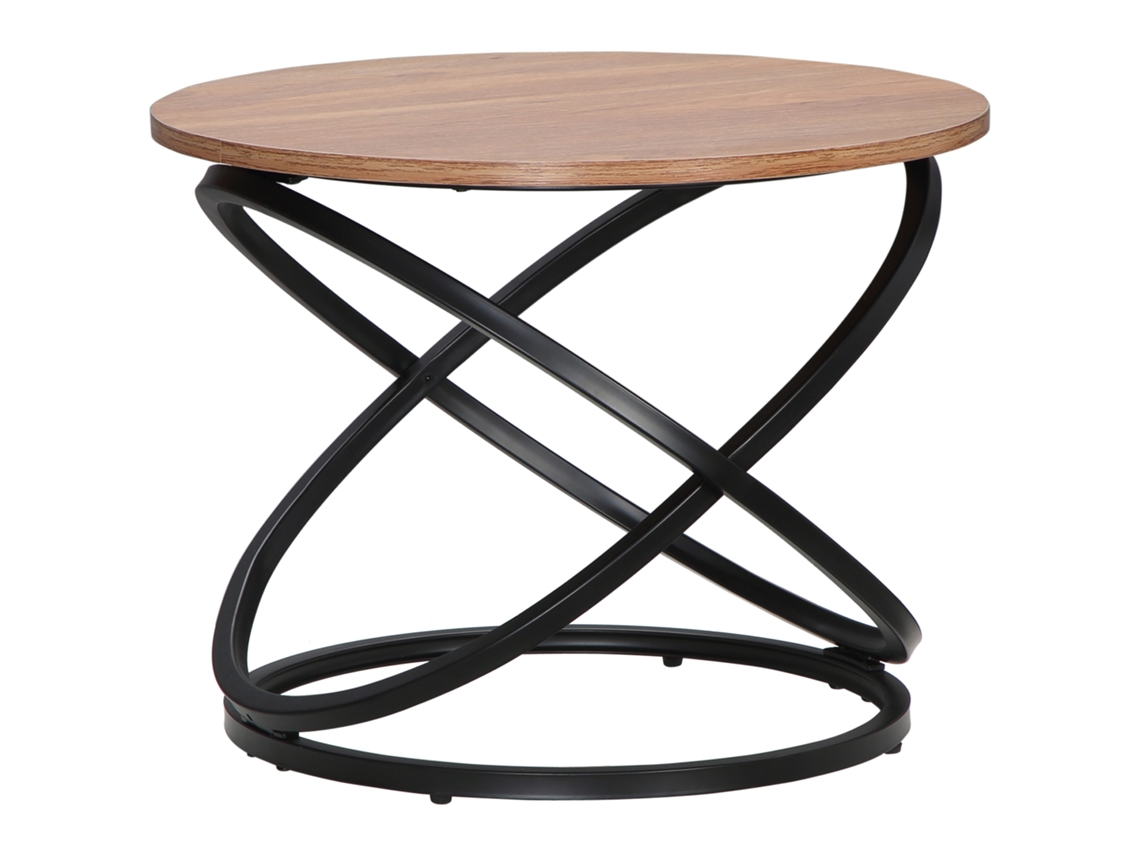 Mesa De Centro Redonda De Estilo Industrial En Metal Negro Con Tablero De Madera - Dimensiones: Ø 60 X 46 Cm (alto)