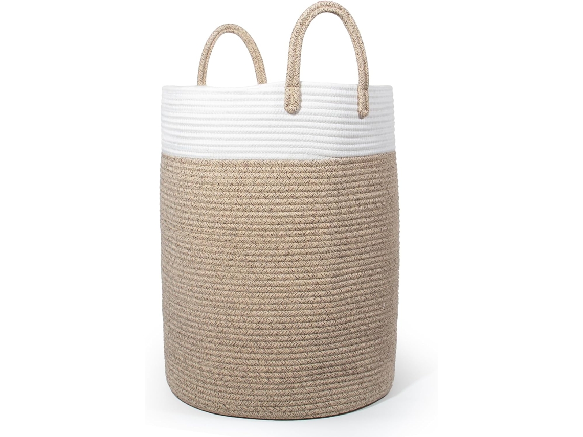 Cesto De Ropa Algodón Con Asa, Tejido Punto, Tamaño Grande, Para Habitación Infantil (marrón Y Blanco, 38 Cm Diámetro X 50 Cm Alto).