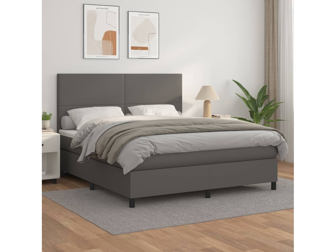Cama Box Spring Con Colchón Cuero Sintético Gris 180x200 Cm