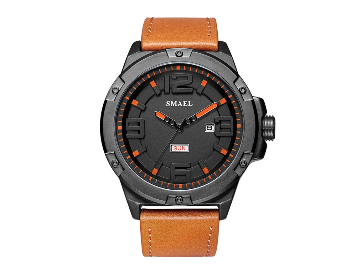 Reloj De Pulsera De Cuero Para Hombre, Resistente Al Agua, Con Calendario Y Movimiento De Cuarzo Naranja.