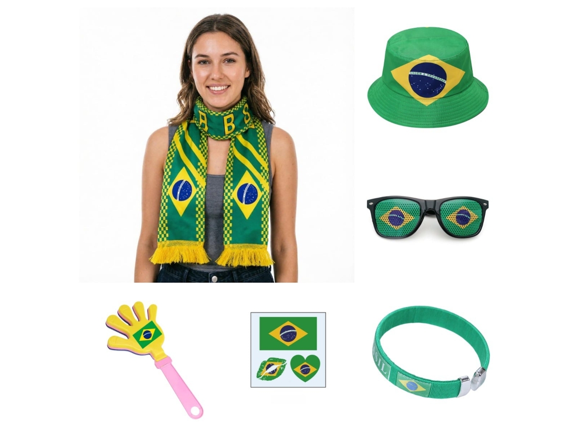 Set Complementos Bandera Brasil Copa Mundial 2026, Bufanda Gorra Gafas Pulsera Accesorios Hincha Selección Brasileña Calidad Premium