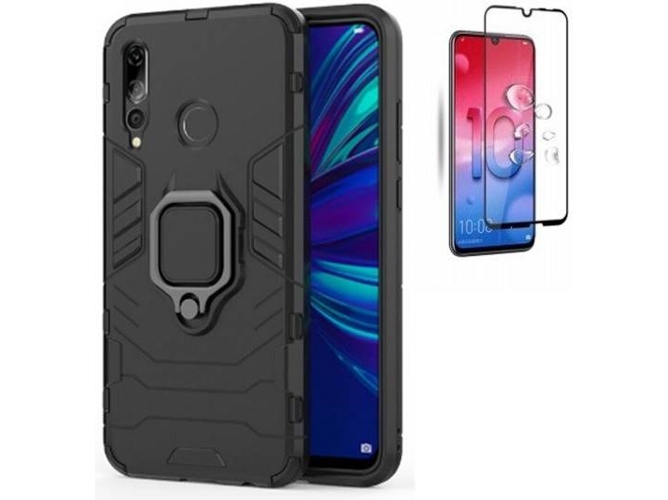 Kit Carcasa y Protector de Cristal 5D Full Cover Huawei P Smart+ 2019 Military Defender 3x1 Negro