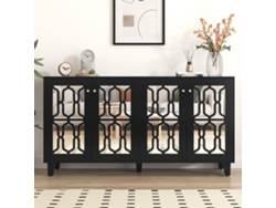 Aparador negro de 160x40x81 cm, con 4 puertas con espejo, acabado laminado y tiradores de cristal, para salón y comedor.
