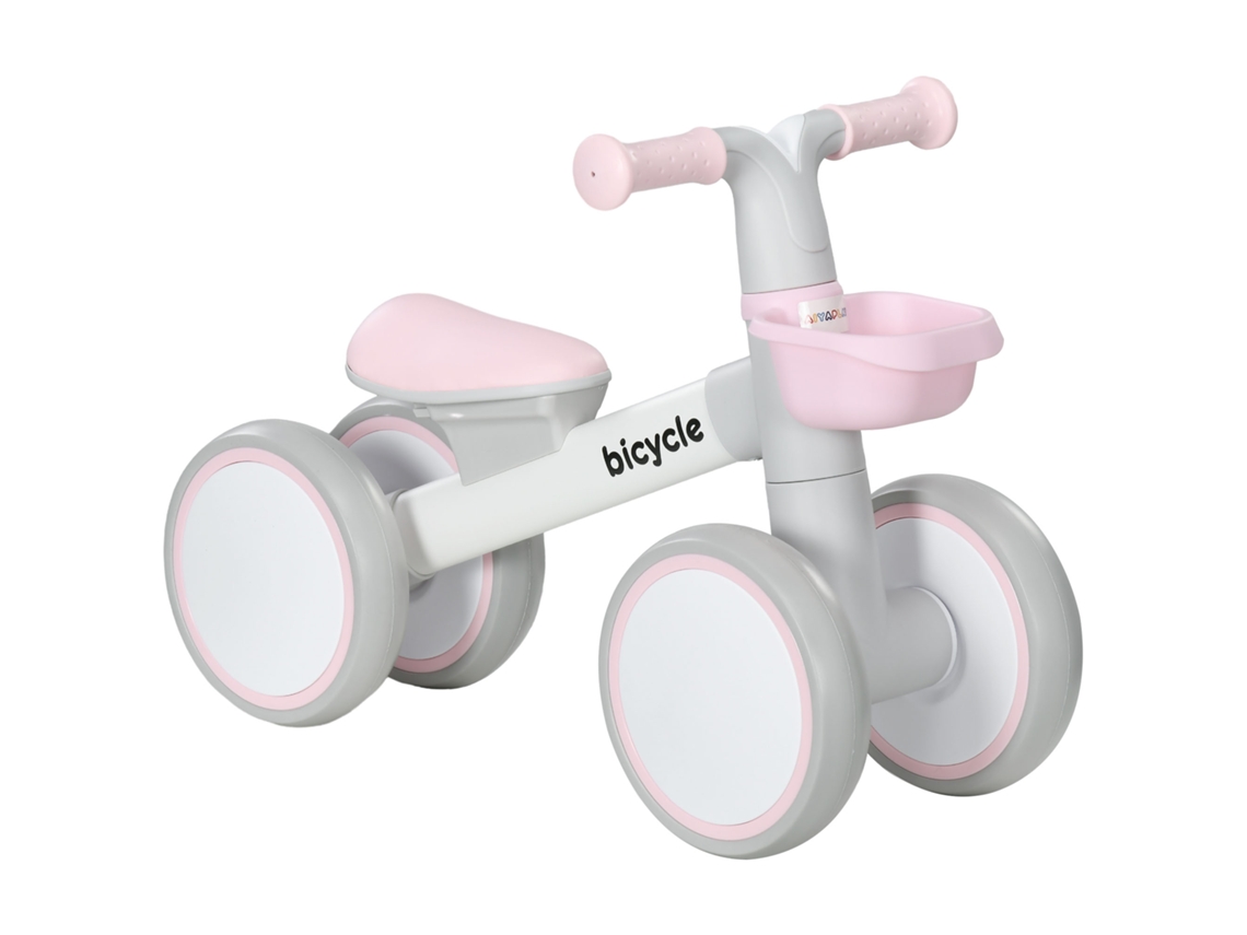 Bicicleta de equilibrio para bebés de 12 a 36 meses, con asiento ajustable, cesta y 4 ruedas silenciosas, color rosa.