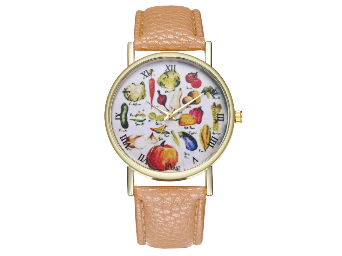 Reloj De Pulsera Unisex De Moda Con Correa De Piel Sintética Con Estampado De Frutas Beige.