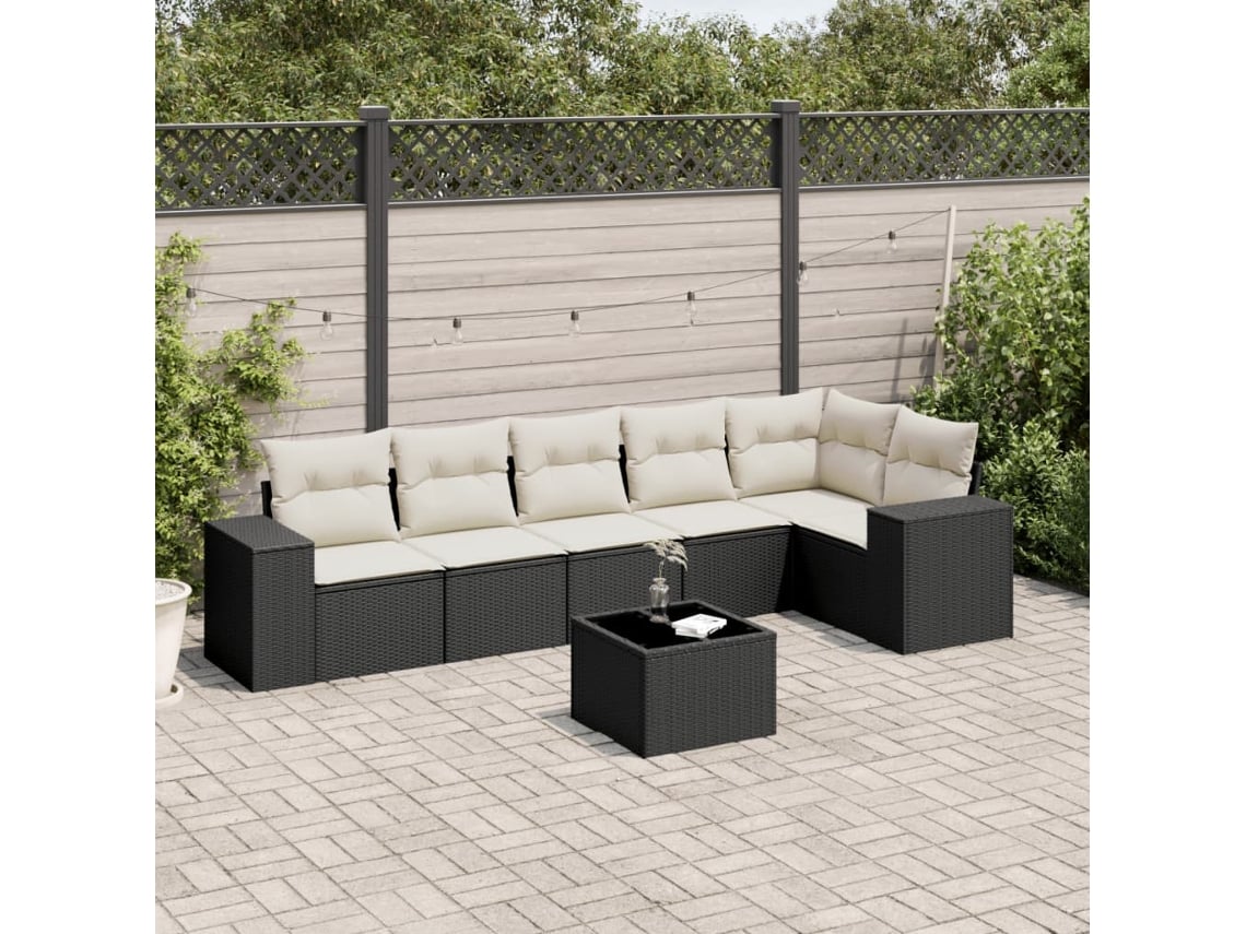 Conjunto de sofá de jardín de 7 piezas con cojines de mimbre negro de DKD Home Decor