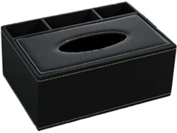 Caja organizadora de escritorio multifuncional con soporte para tijeras y dispensador de pañuelos de papel.