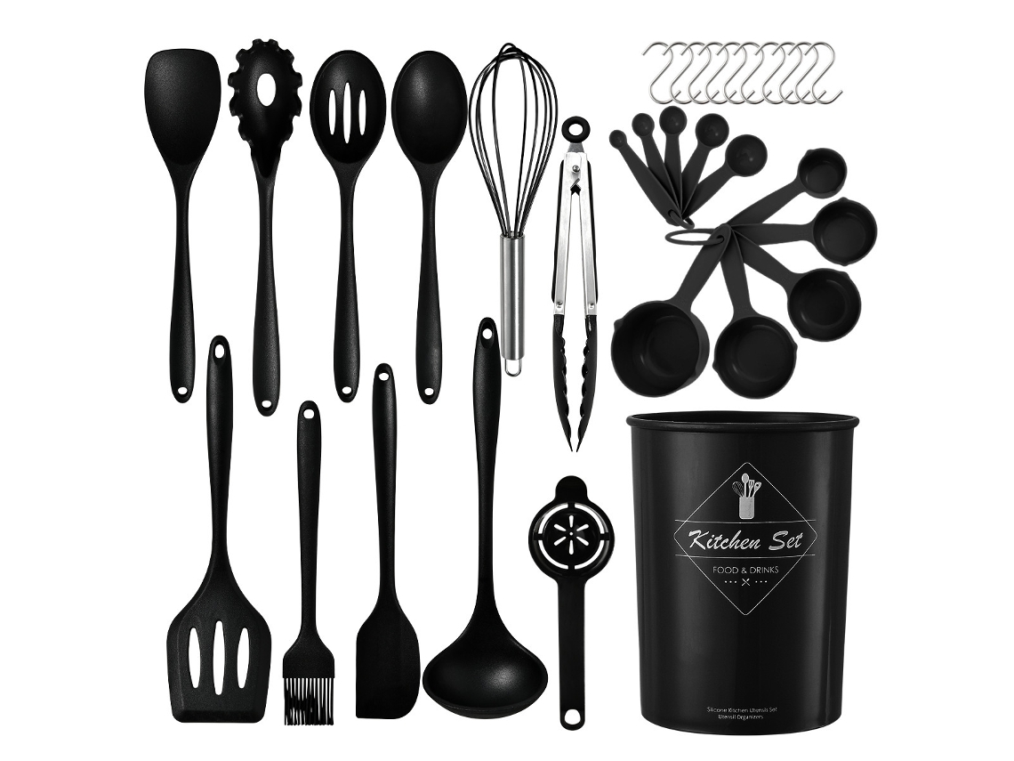 Juego de utensilios de cocina de silicona, aptos para sartenes antiadherentes, 32 piezas. Negro. Sin BPA.