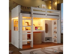 Cama Alta 90x200 Cm - Con Led, Armario, Escritorio, Cajones, Compartimentos - Blanco