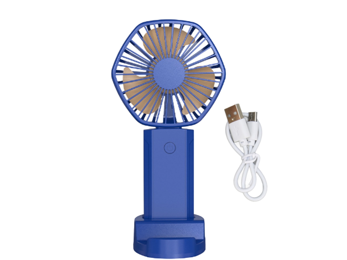 Ventilador portátil recargable por USB, 3 velocidades, azul.