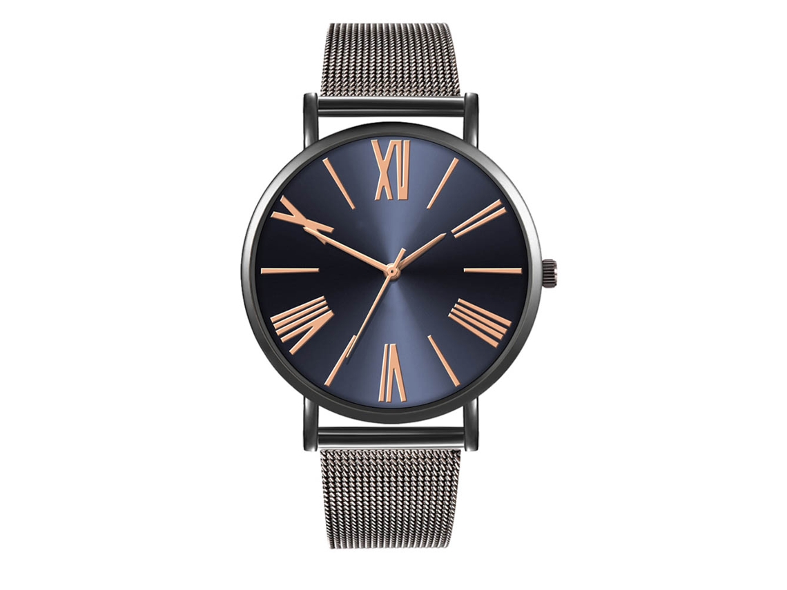 Elegante Reloj De Pulsera Para Parejas Con Correa De Malla Y Números Romanos, Azul Y Negro.