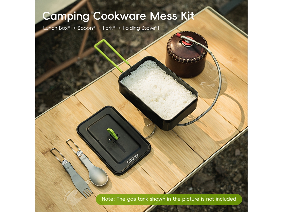 Kit de cocina para acampar con ollas, lata, hornillo y cubiertos