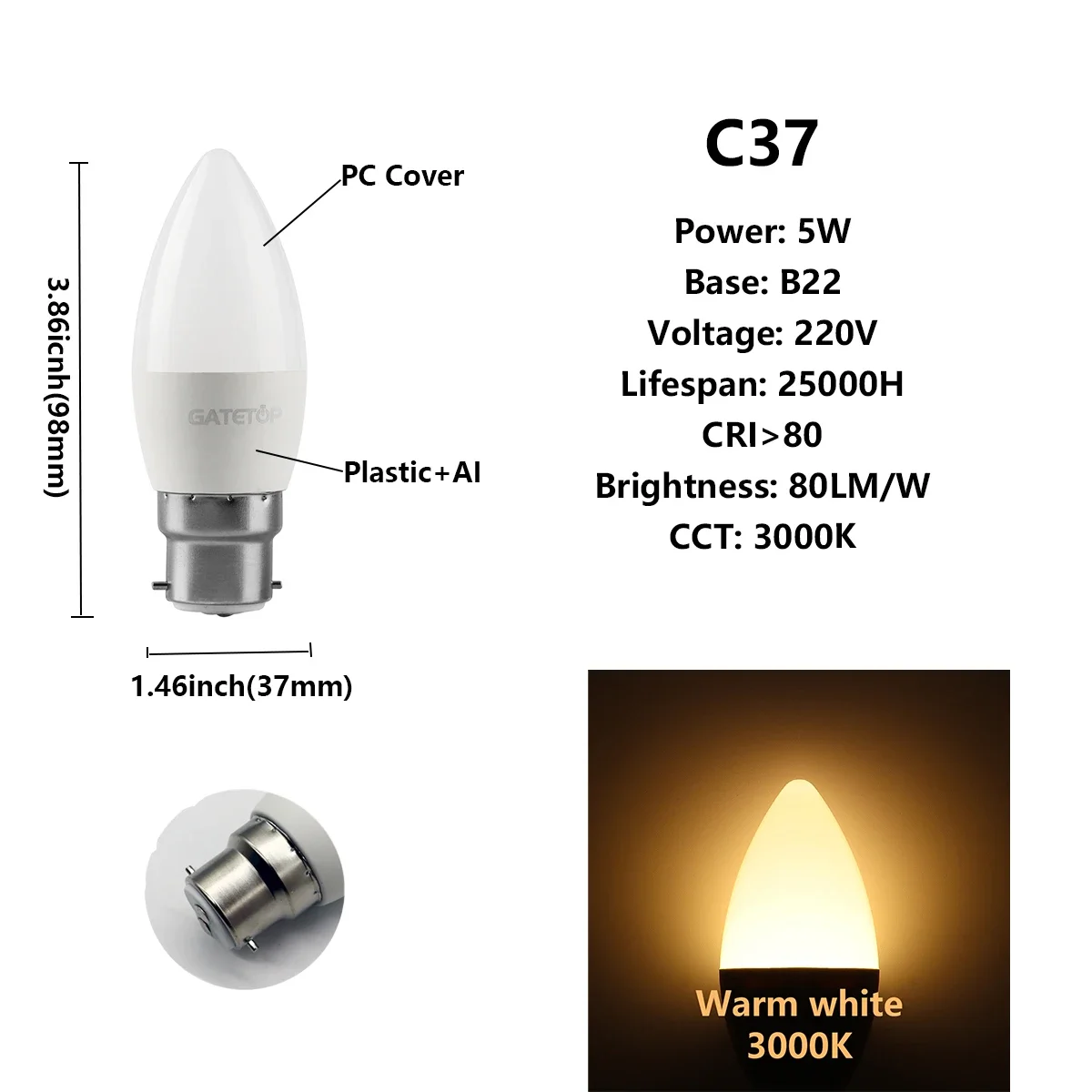 Bombillas Led (c37 5w B22 3000k) Paquete De 10 Unidades, Adecuadas Para La Decoración Del Hogar, El Estudio Y El Baño.
