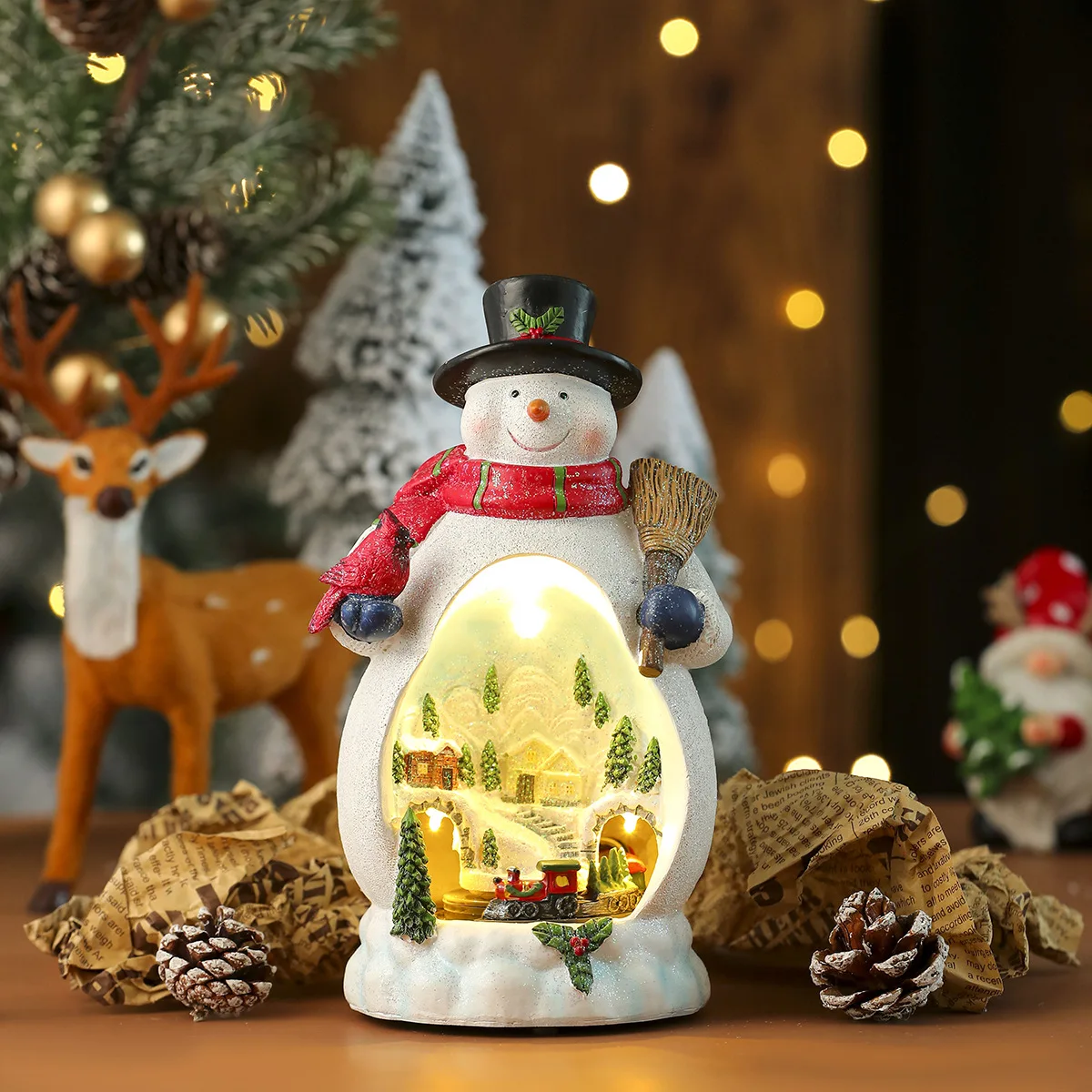 (muñeco De Nieve) Caja De Música Multifuncional Exquisita Con Luces Led Giratorias Decorativas De Resina Navideñas De Resina