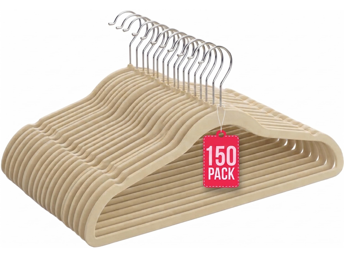 Com-fort House Perchas De Terciopelo Antideslizantes Pack 150 – Beige – Ultrafinas Ahorra Espacio – Gancho Giratorio 360° – Perchas Para Ropa, Trajes, Vestidos Y Camisas