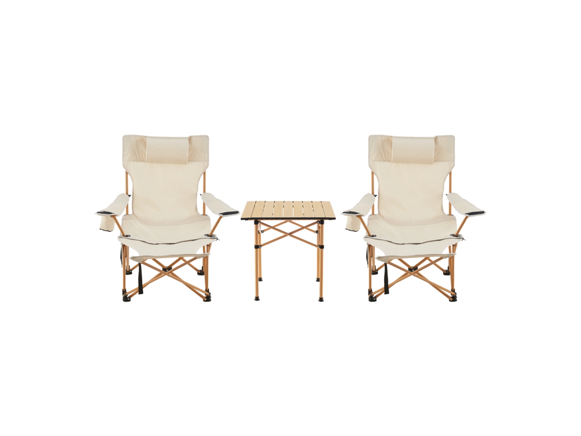 Mesa portátil con 2 sillas plegables camping Bellante acero tela - Beige casa.pro