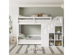 Litera Alta Infantil 90x200 Cm Con Escalera De Almacenamiento, Armarios, Barandilla De Seguridad Y Somier, Blanco