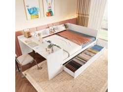 Cama De Madera 140x200cm - Con Escritorio, 2 Cajones, Estantes, Sin Colchón - Blanca