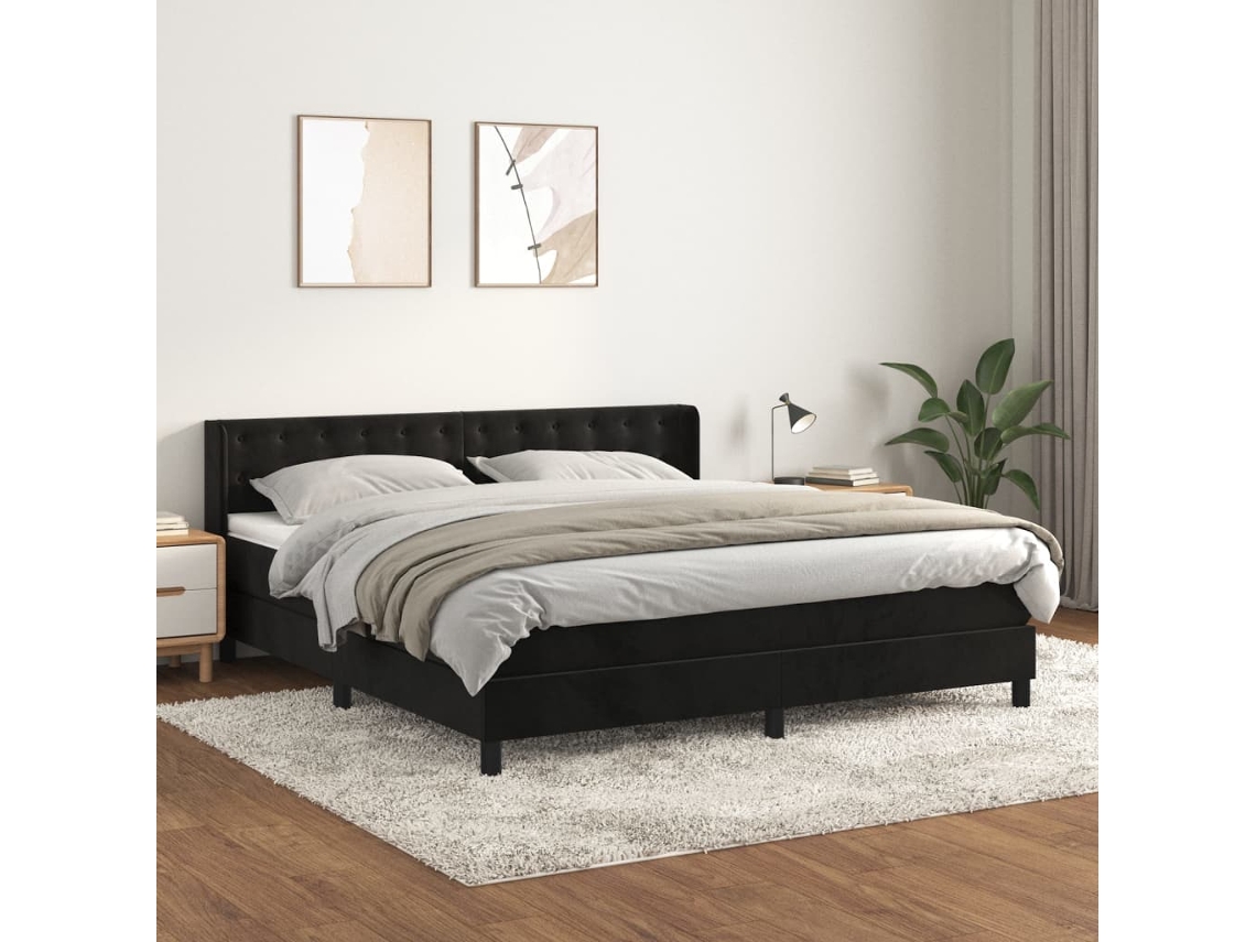 Cama Box Spring Con Colchón Terciopelo Negro 180x200 Cm