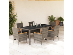 Conjunto 7 Piezas Jantar Jardim C/ Almofadões Vime Pe/vidro Cinza Dkd Home Decor